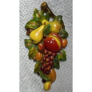 Chalkware Hand Painted Wall Hanging Plaque Fruit Apple Pears Grapes